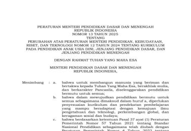 Langkah Strategis Penyesuaian Kurikulum PAUD serta Jenjang Pendidikan Dasar dan Menengah melalui Permendikdasmen Nomor 13 Tahun 2025