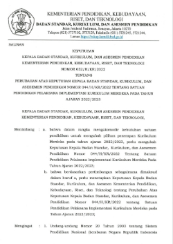 Cover Keputusan Kepala BSKAP Nomor 052/H/KR/2022 tentang Perubahan Atas Keputusan Kepala BSKAP Nomor 044/H/KR/2022 tentang Satuan Pendidikan Pelaksana Implementasi Kurikulum Merdeka pada Tahun Ajaran 2022/2023