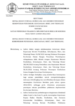 Cover Keputusan Kepala BSKAP Nomor 044/H/KR/2022 tentang Satuan Pendidikan Pelaksana Implementasi Kurikulum Merdeka pada Tahun Ajaran 2022/2023