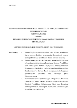 Cover Keputusan Mendikbudristek No. 56/M/2022 tentang Pedoman Penerapan Kurikulum dalam rangka Pemulihan Pembelajaran