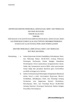 Cover Keputusan Mendikbudristek No. 262/M/2022 tentang Perubahan atas Keputusan Mendikbudristek No. 56/M/2022 tentang Pedoman Penerapan Kurikulum dalam rangka Pemulihan Pembelajaran