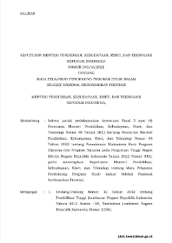 Cover Keputusan Mendikbudristek No. 345/M/2022 tentang Mata Pelajaran Pendukung Program Studi dalam Seleksi Nasional Berdasarkan Prestasi