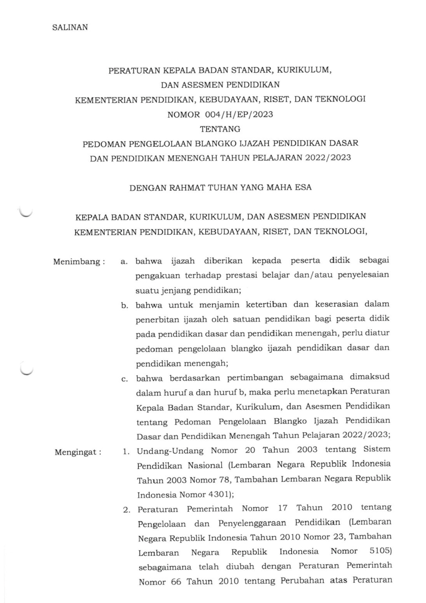 Cover Peraturan Kepala Badan Standar, Kurikulum, dan Asesmen Pendidikan Nomor 004/H/EP/2023