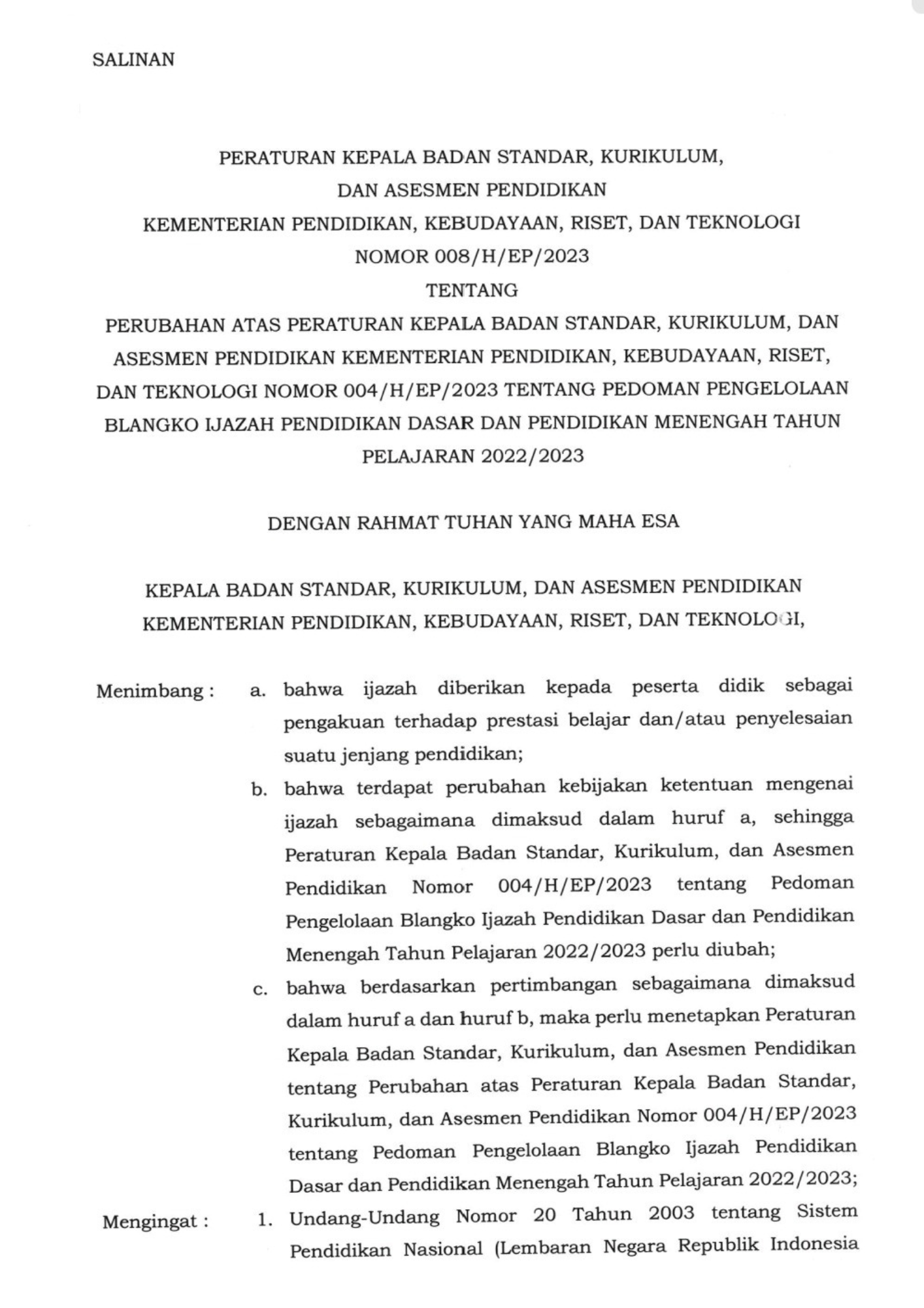 Cover Peraturan Kepala Badan Standar, Kurikulum, dan Asesmen Pendidikan Nomor 008/H/EP/2023