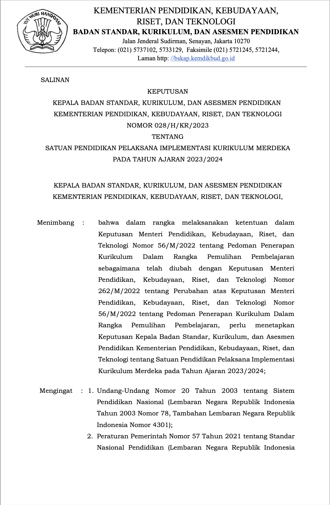 Cover Keputusan Kepala BSKAP Nomor 028/H/KR/2023 tentang Satuan Pendidikan Pelaksana IKM TA 2023/2024