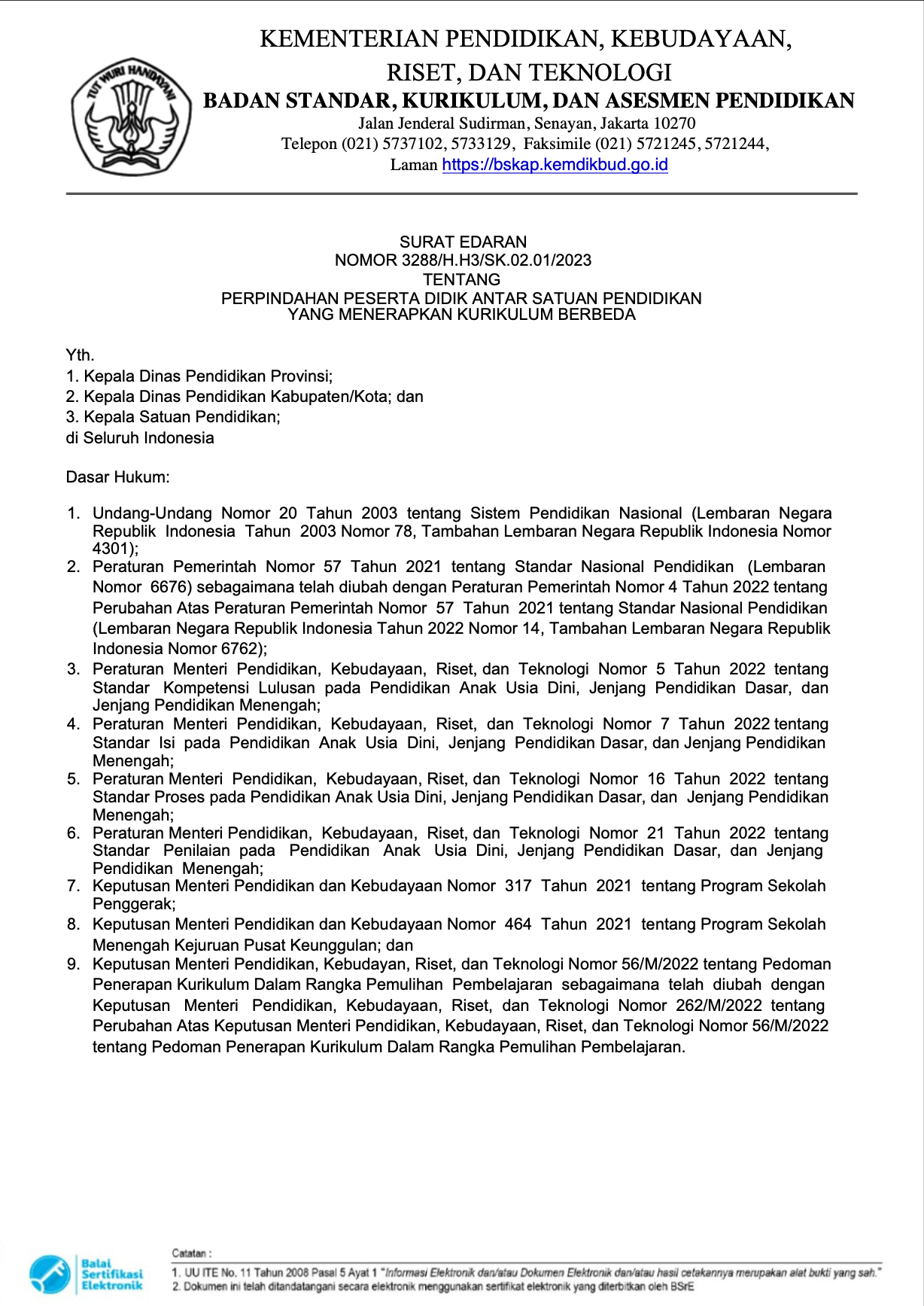 Cover Surat Edaran Nomor 3288/H.H3/SK.02.01/2023 tentang Perpindahan Peserta Didik Antar Satuan Pendidikan yang Menerapkan Kurikulum Berbeda
