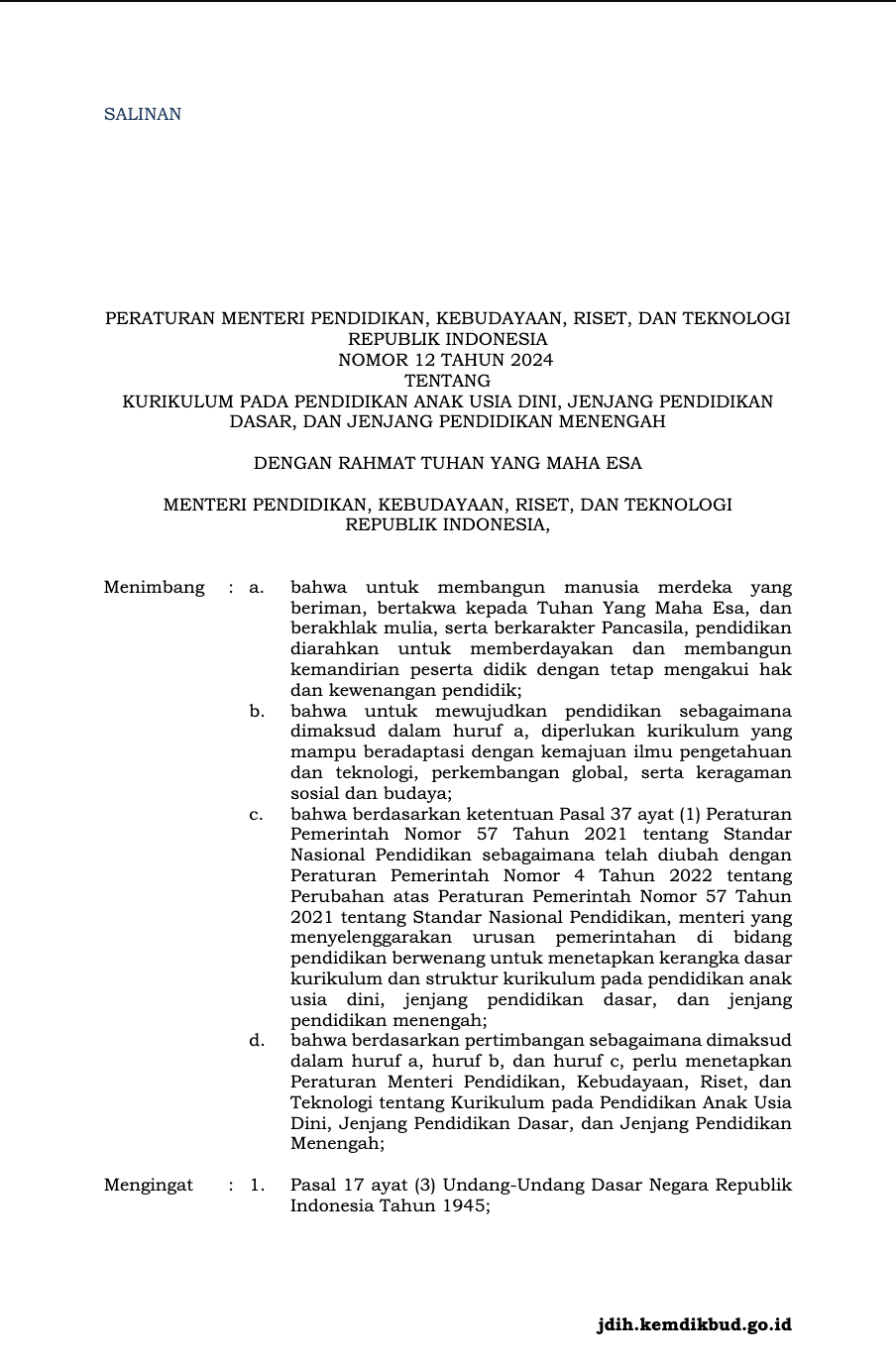 Cover Peraturan Menteri Pendidikan, Kebudayaan, Riset, dan Teknologi Republik Indonesia Nomor 12 Tahun 2024 tentang Kurikulum pada Pendidikan Anak Usia Dini, Jenjang Pendidikan Dasar, dan Jenjang Pendidikan Menengah