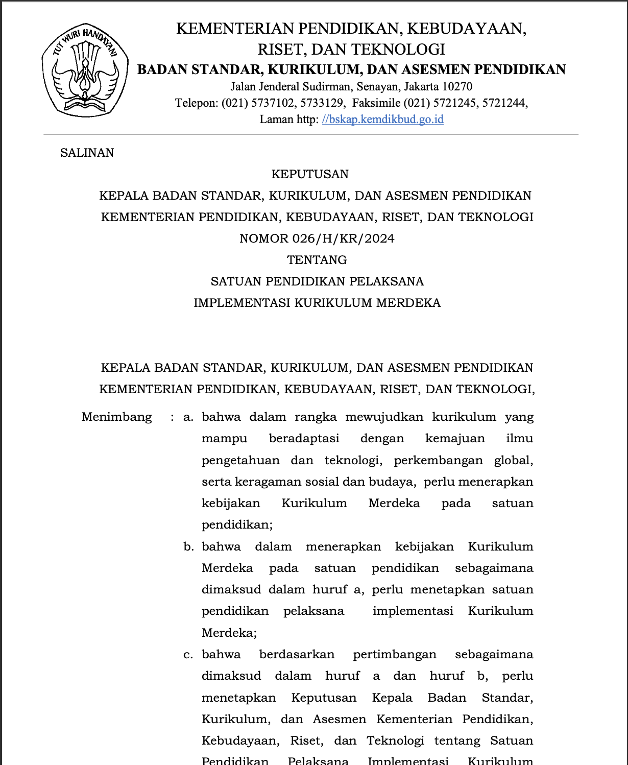 Cover Keputusan Kepala BSKAP Nomor 026/H/KR/2024 tentang Satuan Pendidikan Pelaksana Implementasi Kurikulum Merdeka Tahun Ajaran 2024/2025