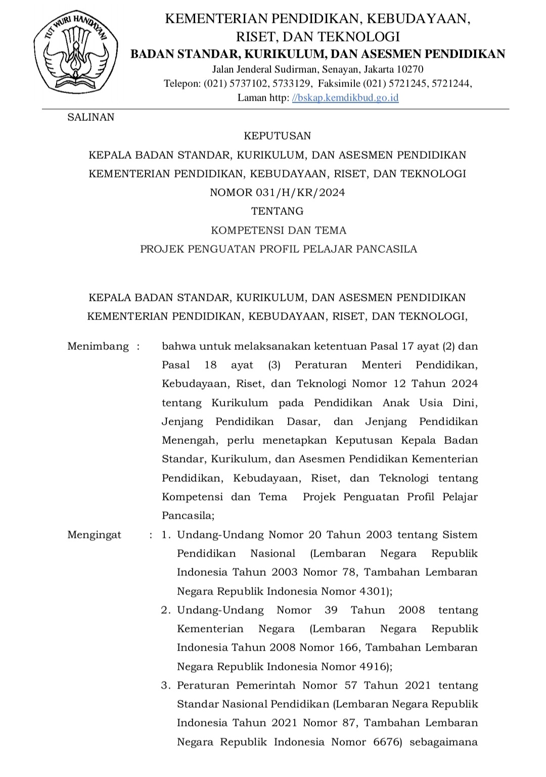Cover Keputusan Kepala Badan Standar, Kurikulum, dan Asesmen Pendidikan Kementerian Pendidikan, Kebudayaan, Riset, dan Teknologi Nomor 031/H/KR/2024 tentang Kompetensi dan Tema Projek Penguatan Profil Pelajar Pancasila