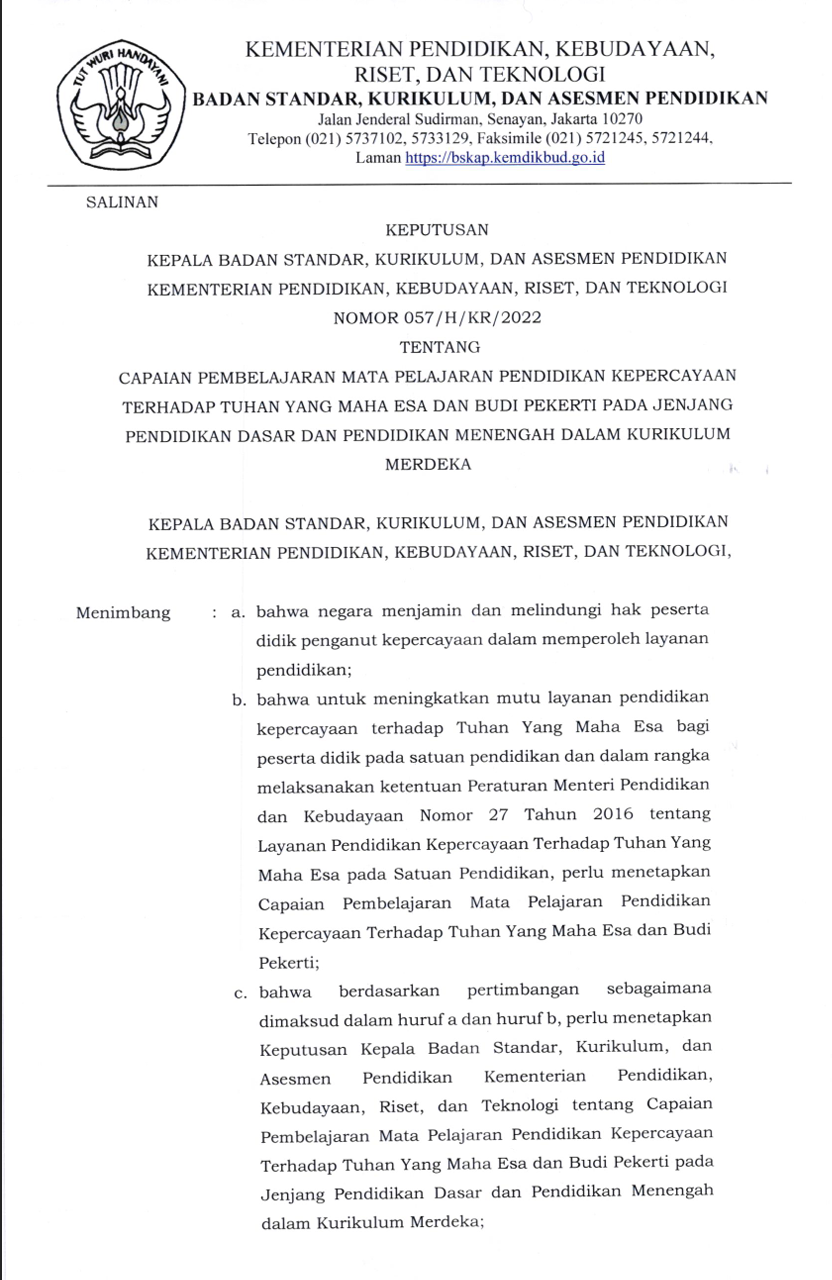Cover Keputusan Kepala Badan Standar, Kurikulum, dan Asesmen Pendidikan Kementerian Pendidikan, Kebudayaan, Riset, Dan Teknologi Nomor 057/H/KR/2022 tentang Capaian Pembelajaran Mata Pelajaran Pendidikan Kepercayaan Terhadap Tuhan Yang Maha Esa dan Budi Pekerti