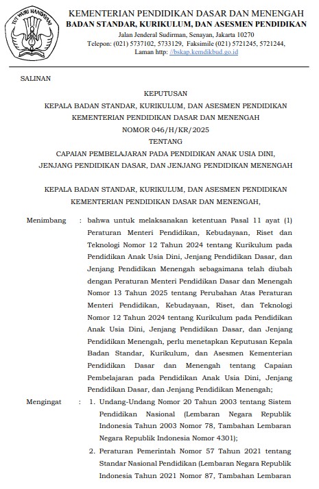 Cover Keputusan Kepala Badan Standar, Kurikulum, dan Asesmen Pendidikan, Kementerian Pendidikan Dasar dan Menengah Nomor 046/H/KR/2025 tentang Capaian Pembelajaran pada Pendidikan Anak Usia Dini, Jenjang Pendidikan Dasar, dan Jenjang Pendidikan Menengah