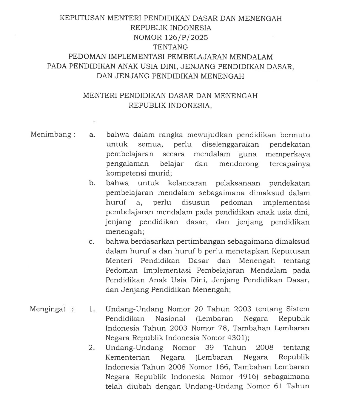 Cover Keputusan Menteri Pendidikan Dasar dan Menengah Republik Indonesia Nomor 126/P/2025 tentang Pedoman Implementasi Pembelajaran Mendalam pada Pendidikan Anak Usia Dini, Jenjang Pendidikan Dasar, dan Jenjang Pendidikan Menengah