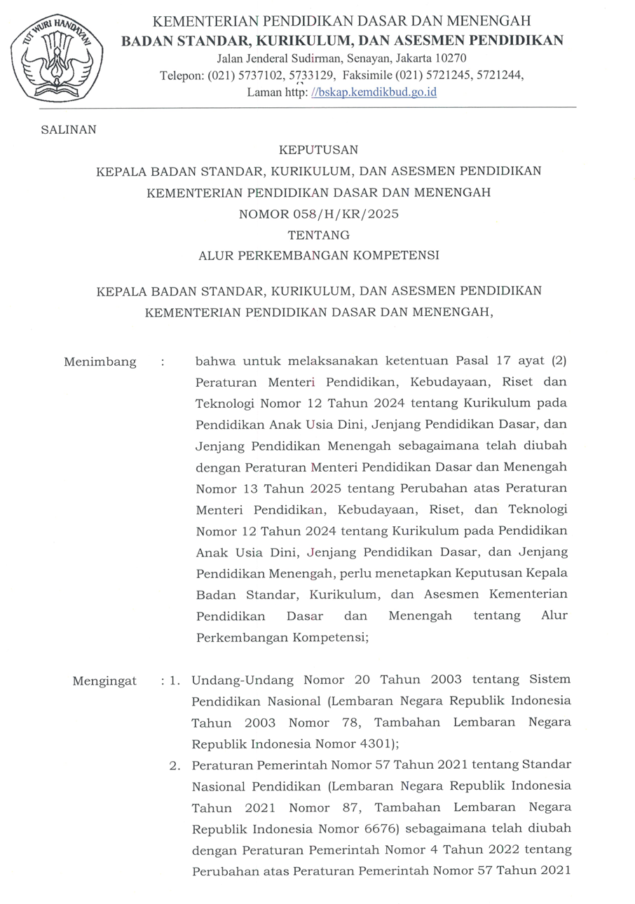 Cover Keputusan Kepala Badan, Standar, Kurikulum, dan Asesmen Pendidikan Kementerian Pendidikan Dasar dan Menengah Nomor 058/H/KR/2025 Tentang Alur Perkembangan Kompetensi