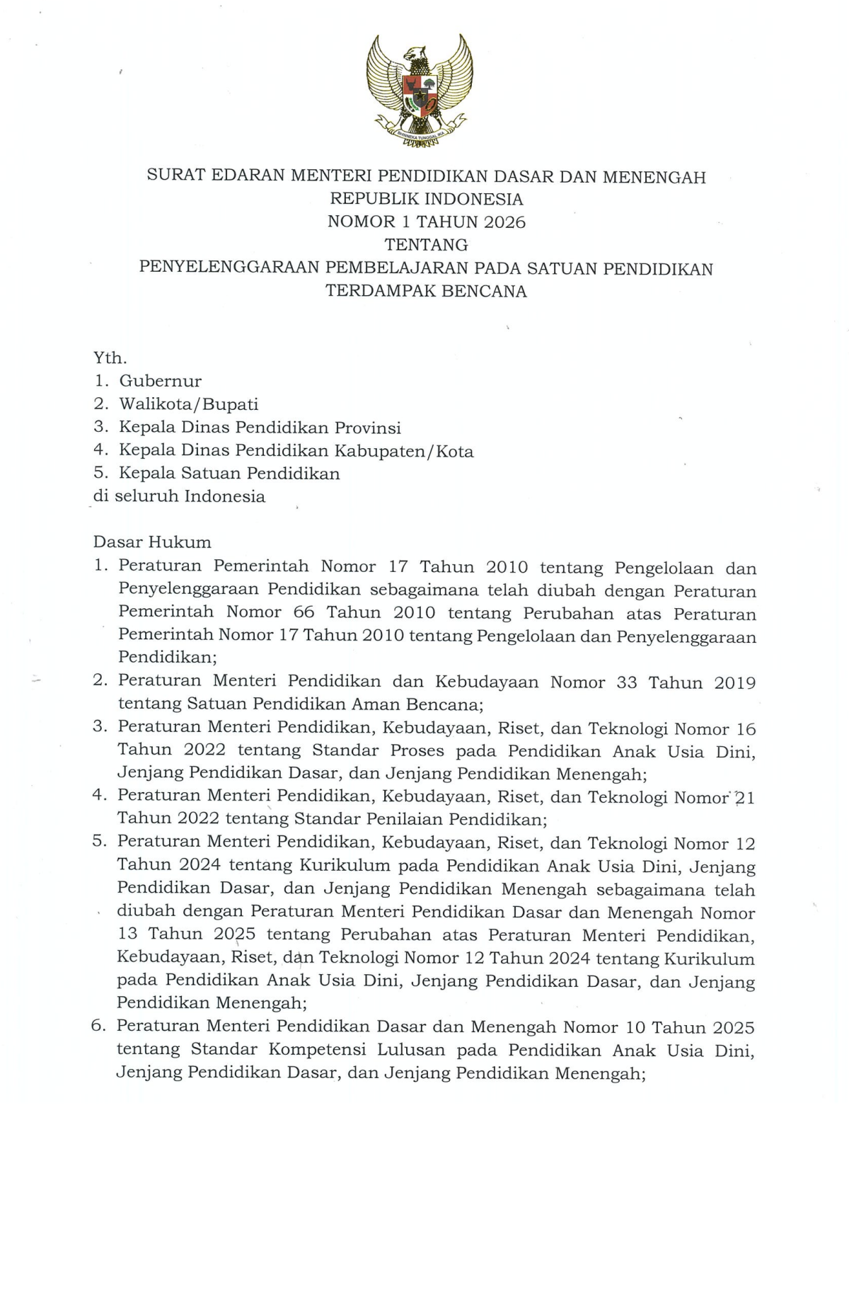 Cover Surat Edaran Menteri Pendidikan Dasar Dan Menengah Republik Indonesia Nomor 1 Tahun 2026 Tentang Penyelenggaraan Pembelajaran Pada Satuan Pendidikan Terdampak Bencana