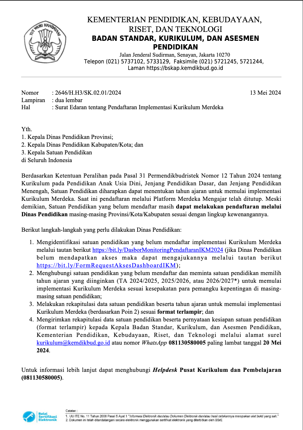 Cover Surat Edaran Nomor 2646/H.H3/SK.02.01/2024 tentang Pendaftaran Implementasi Kurikulum Merdeka